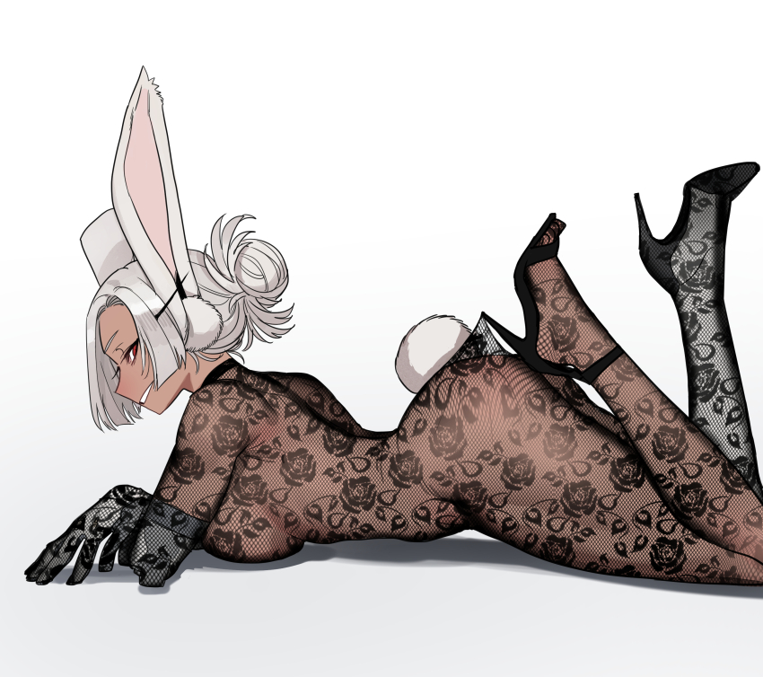 1girl absurdres animal_ears ass black_shoes boku_no_hero_academia breasts clothing_cutout commentary dark-skinned_female dark_skin english_commentary feet_up from_side hair_bun high_heels highres lace_bodysuit lace_pantyhose_hooked_on_heel_(meme) lace_trim large_breasts long_eyelashes long_hair looking_at_viewer lying meme mirko on_stomach parted_bangs prosthesis prosthetic_arm prosthetic_leg rabbit_ears rabbit_girl rabbit_tail ratatatat74 red_eyes shoes simple_background solo strappy_heels tail tail_through_clothes the_pose thighs white_background white_hair