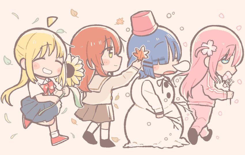 4girls absurdres ahoge autumn_leaves bad_id bad_twitter_id blonde_hair blue_eyes blue_hair blue_skirt blush bocchi_the_rock! brown_shirt brown_skirt cherry_blossoms closed_eyes commentary_request flower full_body gotoh_hitori green_eyes hair_between_eyes hair_flower hair_ornament hand_up henyomen highres holding holding_flower holding_leaf ijichi_nijika inactive_account jacket kita_ikuyo kneehighs leaf long_hair long_sleeves multiple_girls nose_bubble one_side_up open_mouth pants pink_hair pink_jacket pink_pants pink_track_suit pleated_skirt red_footwear red_hair running sailor_collar school_uniform seasons shimokitazawa_high_school_uniform shirt shoes short_hair shuka_high_school_uniform side_ponytail sidelocks skirt sleeping smile snow snowman socks sunflower track_jacket track_suit white_shirt white_socks yamada_ryo
