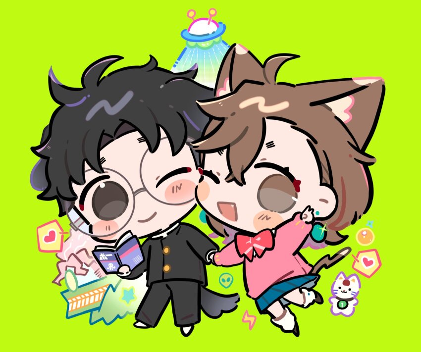 1boy 1girl animal_ears ayase_momo black_hair black_jacket black_pants blue_skirt book brown_eyes brown_hair cat_ears cat_girl cat_tail chibi chibi_only closed_mouth comimingming couple crossed_bangs dandadan dog_boy dog_ears dog_tail flying_saucer full_body gakuran glasses green_background heart hetero highres holding holding_book holding_hands jacket kemonomimi_mode loose_socks one_eye_closed open_mouth pants pink_sweater pleated_skirt round_eyewear school_uniform skirt smile socks spacecraft spoken_heart sweater tail takakura_ken_(dandadan) turbo_granny_(dandandan) v