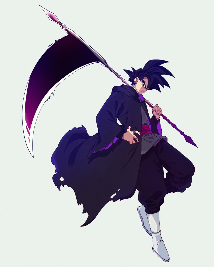 1boy black_coat black_eyes black_hair black_pants black_shirt boots coat dougi dragon_ball dragon_ball_super earrings full_body goku_black grey_tunic highres holding holding_scythe hood hooded_coat jewelry komesan_0212 looking_at_viewer male_focus medium_hair pants scythe shirt simple_background solo spiked_hair tunic white_background white_boots