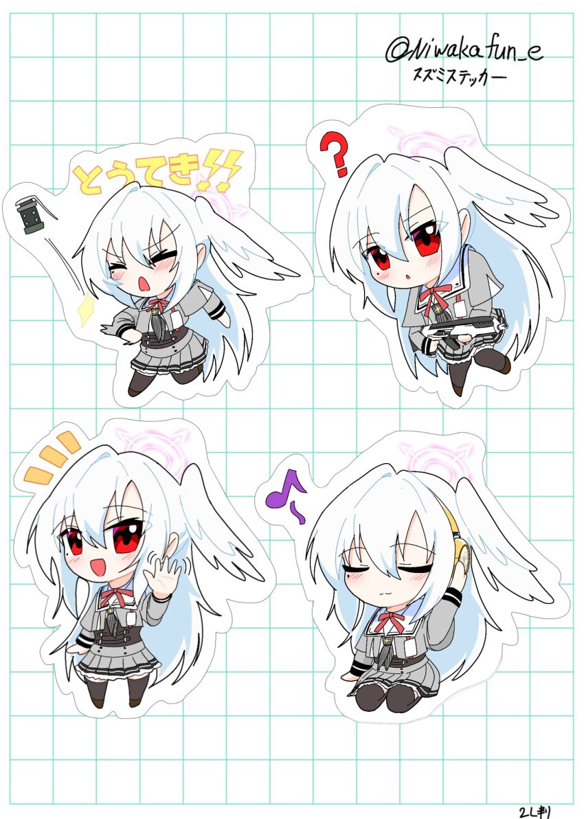 1girl ? black_thighhighs blue_archive blush closed_mouth commentary_request deformed expressionless flashbang grey_serafuku grey_skirt gun hair_between_eyes halo hand_on_headphones hand_up head_wings headphones highres holding holding_gun holding_weapon listening_to_music long_hair long_sleeves looking_at_viewer mole mole_under_eye multiple_views niwakafun_e open_mouth pleated_skirt purple_halo red_eyes rifle school_uniform serafuku sig_mcx sig_sauer single_head_wing single_wing sitting skirt smile standing suzumi_(blue_archive) thighhighs translation_request twitter_username waving weapon white_hair wings