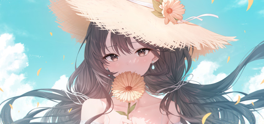 1girl absurdres bare_shoulders brown_eyes brown_hair closed_mouth cloud collarbone commentary_request earrings flower hat hat_flower highres holding holding_flower incredibly_absurdres jewelry long_hair looking_at_viewer low_twintails original roi_(liu_tian) smile solo straw_hat summer twintails upper_body wind yellow_flower yellow_hat