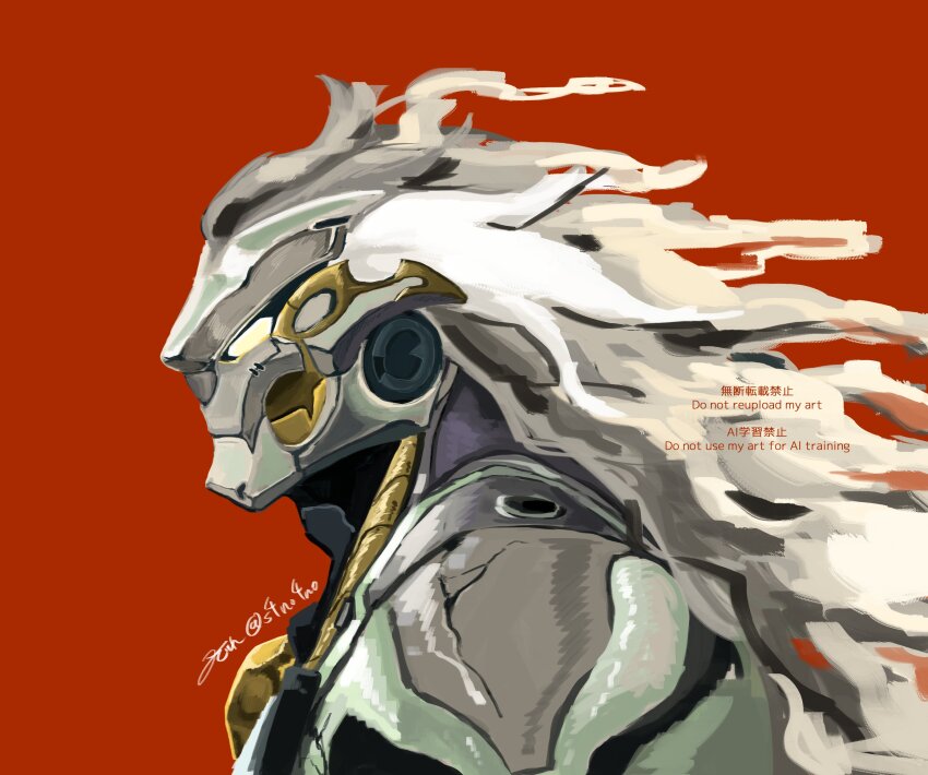 1boy absurdres artificial_eye banyue_(zenless_zone_zero) commentary_request from_side highres humanoid_robot long_hair male_focus mechanical_eye orb portrait red_background robot robot_boy s4no4no solo twitter_username white_hair zenless_zone_zero