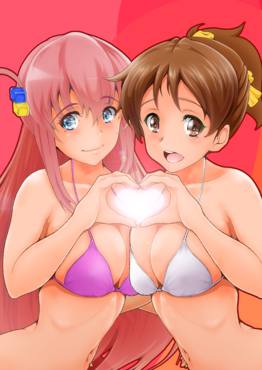 2girls absurdres asymmetrical_docking bikini blue_eyes blush bocchi_the_rock! breast_press breasts brown_eyes brown_hair cleavage closed_mouth collarbone crossover cube_hair_ornament gotoh_hitori hair_ornament hair_ribbon heart heart_hands highres hirasawa_ui k-on! long_hair looking_at_viewer multiple_girls nanashi_noiji navel one_side_up open_mouth pink_hair ponytail purple_bikini ribbon short_hair smile swimsuit teeth tongue upper_teeth_only white_bikini yellow_ribbon