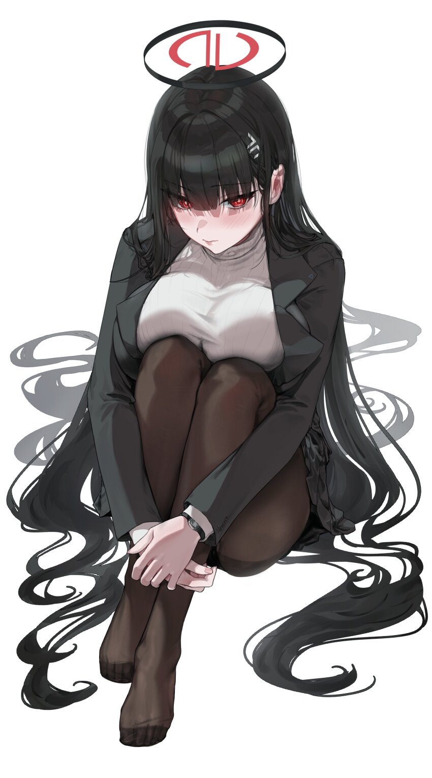 1girl absurdres alracoco artist_name black_hair black_halo black_jacket black_pantyhose black_skirt blue_archive blunt_bangs blush breasts bright_pupils closed_mouth feet hair_ornament hairclip halo highres hugging_own_legs jacket large_breasts long_hair looking_at_viewer pantyhose pleated_skirt red_eyes revision ribbed_sweater rio_(blue_archive) simple_background sitting skirt solo sweater taut_sweater toes turtleneck turtleneck_sweater very_long_hair watch white_background white_pupils white_sweater wristwatch