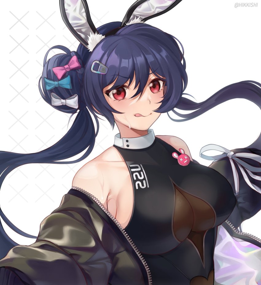 1girl :p allen_m._sumner_(azur_lane) allen_m._sumner_(charming_rabbit)_(azur_lane) animal_ears armpits azur_lane bad_id bad_twitter_id badge bare_shoulders black_hair black_jacket black_leotard bodystocking bow breasts button_badge cleavage_cutout clothing_cutout fake_animal_ears highres jacket leotard licking_lips long_hair looking_at_viewer medium_breasts off_shoulder official_alternate_costume open_clothes open_jacket playboy_bunny rabbit_ears red_eyes ribbon-trimmed_clothes ribbon_trim sideboob tongue tongue_out twintails twitter_username underboob_cutout very_long_hair