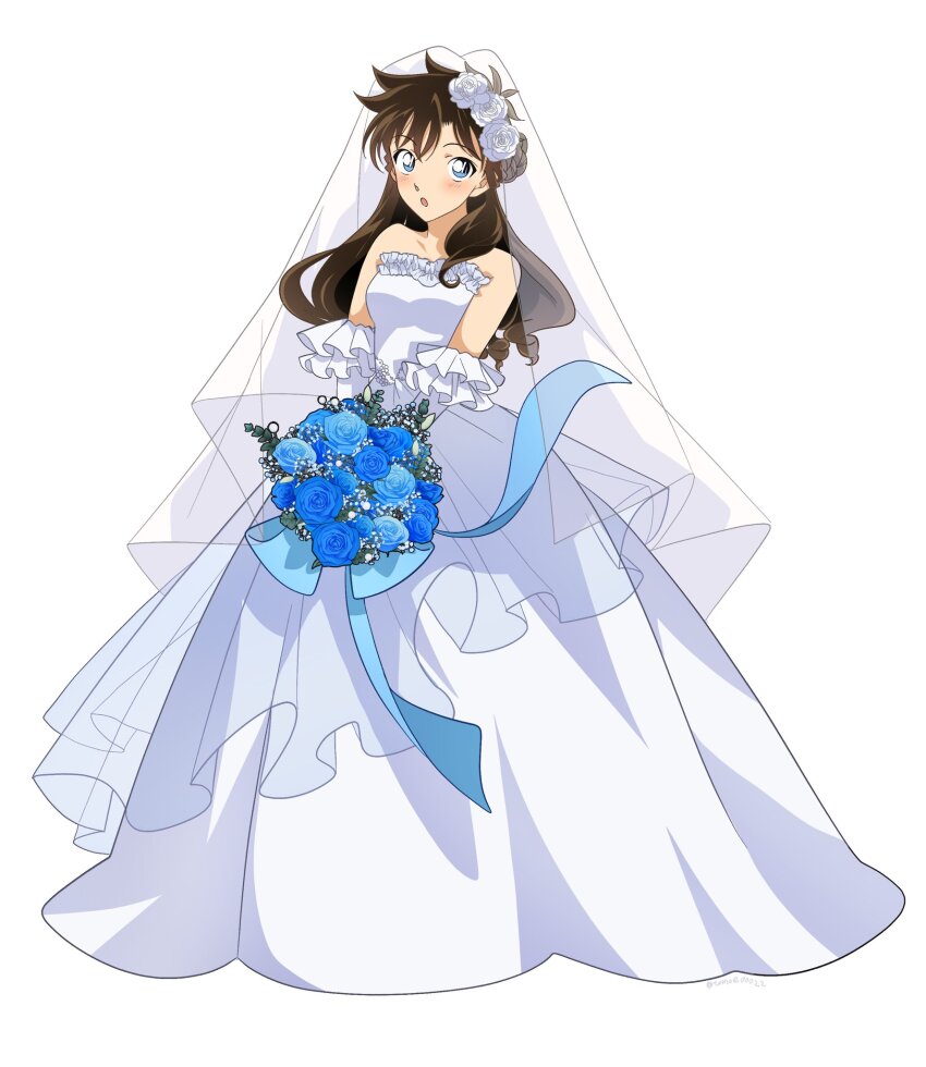 1girl :o black_hair blue_eyes blue_flower blue_rose blush bouquet bridal_veil detached_sleeves dress flower full_body hair_flower hair_ornament highres holding holding_bouquet long_dress long_hair magic_kaito nakamori_aoko rose simple_background solo standing strapless strapless_dress tomoe00022 v_arms veil wedding_dress white_background white_dress white_flower white_rose