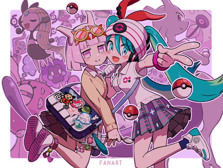 2girls absurdres andromedako ankle_socks anklet aqua_eyes aqua_hair arms_up bag bag_charm beanie beheeyem blue_bag blue_hair blue_socks blunt_bangs blush_stickers bob_cut border bracelet brown_cardigan cardigan charm_(object) cheek_press choice_specs clapping closed_eyes closed_mouth collared_shirt colored_shoe_soles commentary_request cosmog deoxys deoxys_(normal) dot_nose esper_esper_(vocaloid) espurr eyes_visible_through_hair eyewear_on_head fang floating floating_hair floating_object game_freak gen_1_pokemon gen_2_pokemon gen_3_pokemon gen_5_pokemon gen_6_pokemon gen_7_pokemon gloves gothitelle green_hair grey_skirt hair_between_eyes hair_ribbon hairband hat hatsune_miku headphones hidane_nico highres holding holding_spoon holding_strap jewelry jitome jumping leg_up legendary_pokemon legs_up light_smile long_hair long_sleeves looking_ahead looking_at_viewer looking_up lunatone makeup mascara meloetta mewtwo miniskirt multicolored_hair multiple_girls mythical_pokemon nayutalien nintendo official_art one-eyed open_mouth orange_eyes outside_border outstretched_arm piano_print pink_anklet pink_eyes pink_hair pink_hairband plaid_clothes plaid_skirt pleated_skirt poke_ball poke_ball_(basic) poke_ball_print pokemon pokemon_(creature) polo_shirt potion_(pokemon) profile project_voltage psychic_miku_(project_voltage) purple_background purple_tail red_eyes red_ribbon ribbon school_uniform scream_tail screentones shirt shoe_soles short_hair short_sleeves shoulder_bag sideways_mouth single_glove skirt smile socks solid_circle_pupils solrock spoon star_(symbol) tail tinted_eyewear twintails unown unown_e unown_m unown_p unown_r unown_s v very_long_hair vocaloid white_border white_footwear white_gloves white_hat white_shirt white_sneakers yellow-framed_eyewear yellow_eyes ||/