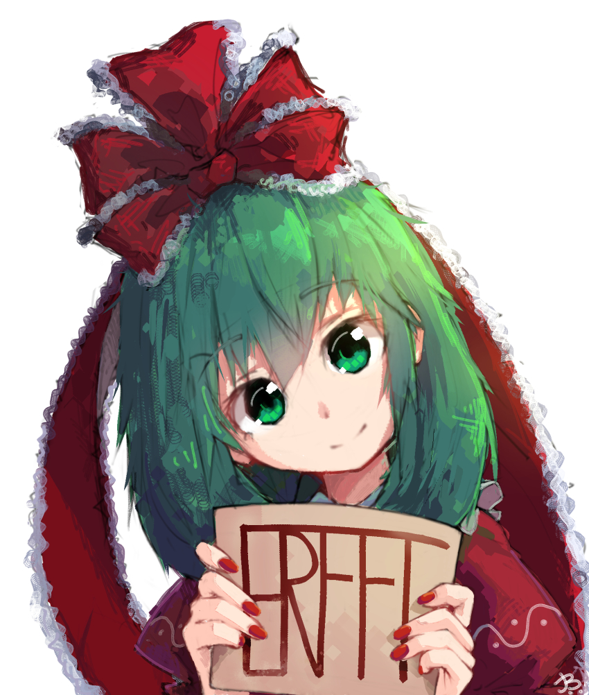 1girl bow closed_mouth dress fingernails green_eyes green_hair hair_between_eyes hair_bow hands_up highres holding holding_sign jean_bomjan kagiyama_hina long_fingernails looking_at_viewer nail_polish puffy_short_sleeves puffy_sleeves red_bow red_dress red_nails short_hair short_sleeves sign simple_background smile solo touhou upper_body white_background