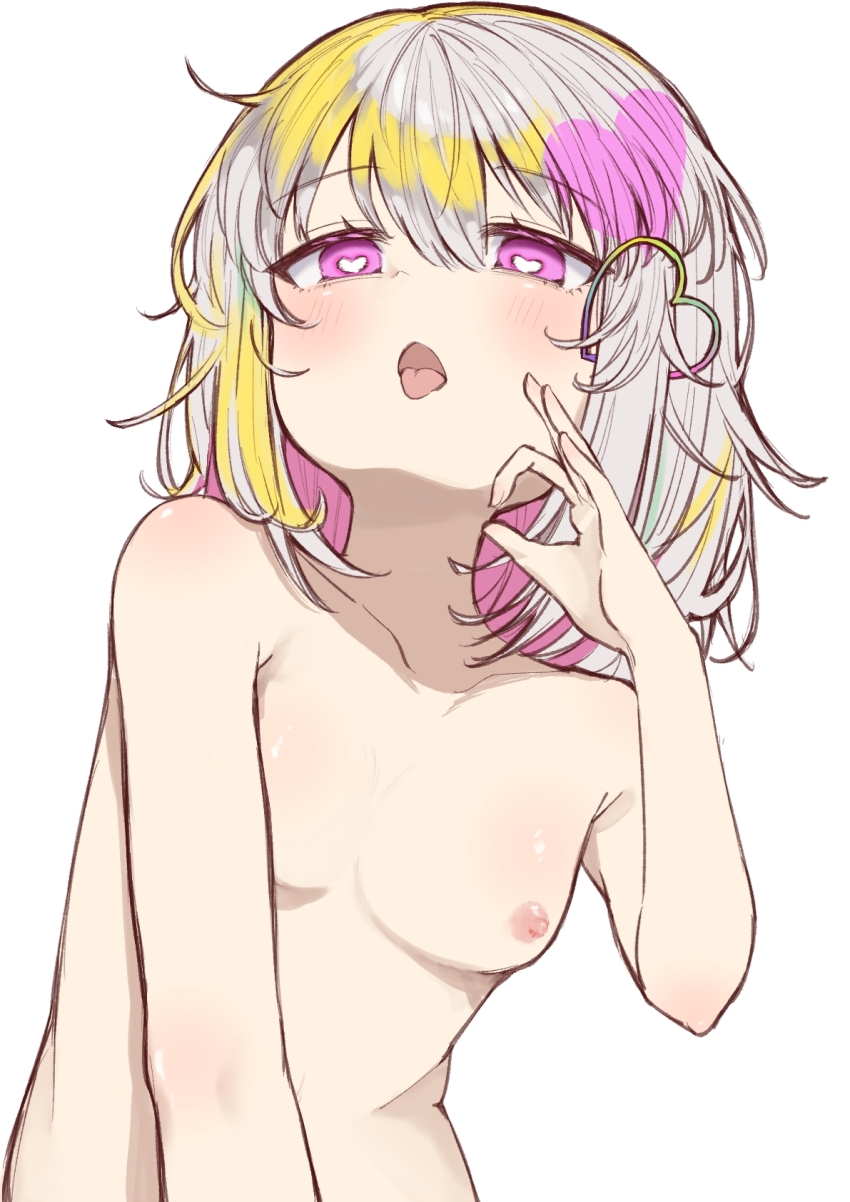 1girl aroused blonde_hair blush breasts collarbone commentary completely_nude dohna_dohna_issho_ni_warui_koto_o_shiyou fellatio_gesture grey_hair hair_ornament hand_up heart heart-shaped_pupils heart_hair_ornament highres looking_at_viewer medium_hair multicolored_hair nipples nude open_mouth oral_invitation pink_eyes pink_hair porno_(dohna_dohna) simple_background small_breasts solo streaked_hair symbol-shaped_pupils tongue tongue_out tyama_taka upper_body white_background