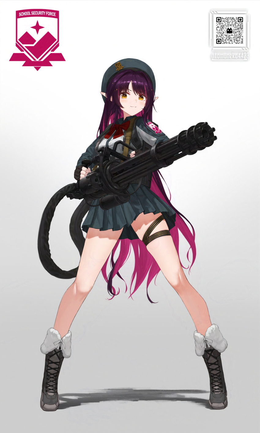 1girl ammunition_belt ammunition_chute beret black_gloves boots bow bowtie closed_mouth colored_inner_hair fingerless_gloves gatling_gun gloves grey_boots grey_hat gun hat highres holding holding_gun holding_weapon lace-up_boots leg_ribbon logo long_hair m134_minigun machine_gun medium_machine_gun minigun multicolored_hair multiple-barrel_gun penelope_wiseman pink_hair pleated_skirt pointy_ears purple_hair qr_code red_bow red_bowtie ribbon rotary_machine_gun shadow skirt solo thigh_ribbon tom-neko_(zamudo_akiyuki) v&amp;u_entertainment virtual_youtuber weapon yellow_eyes zipper