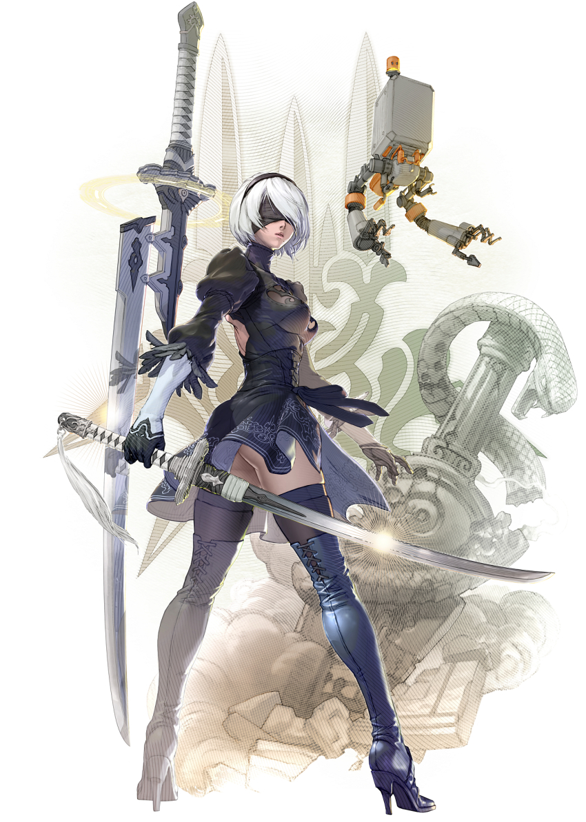 1girl 2b_(nier:automata) ass back_cutout bad_tag black_dress black_footwear black_thighhighs blindfold boots breasts clothing_cutout crossover dress feather-trimmed_sleeves full_body hairband high_heel_boots high_heels highres kawano_takuji lens_flare looking_back magic_circle medium_breasts nier:automata nier_(series) official_art pod_(nier:automata) puffy_sleeves robot short_dress short_hair side_slit silver_hair soul_calibur soulcalibur soulcalibur_vi standing sword thigh_boots thighhighs weapon