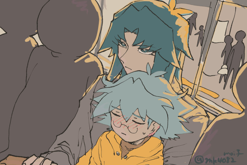 2boys blue_hair brothers closed_eyes embarrassed glasses green_hair grey_sweater hood hood_down hoodie long_hair male_focus marufuji_ryo marufuji_sho moiko multiple_boys siblings sitting sitting_on_lap sitting_on_person sweatdrop sweater train_interior twitter_username yellow_hoodie yu-gi-oh! yu-gi-oh!_gx