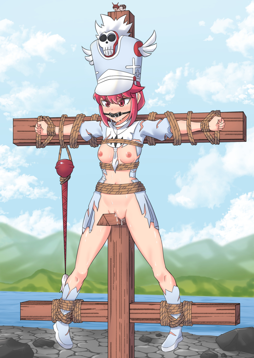 1girl absurdres angry bad_id bad_imgur_id ball_gag bdsm blue_dress blue_hat blue_sky blush bondage bound bound_ankles bound_arms bound_torso bound_wrists breasts clenched_hands clitoris cloud commentary commission conductor_baton cross crucifixion day drawfag dress drooling full_body gag gagged hair_up hat highres immobilization jakuzure_nonon jakuzure_nonon_(symphony_regalia) kill_la_kill lake looking_ahead mountainous_horizon navel necktie nipples no_bra no_panties nose_blush outdoors pigeon-toed pink_eyes pink_hair pussy pussy_juice restrained rock saliva second-party_source shako_cap shiny_skin sidelocks skull_ornament sky small_breasts solo spread_eagle_position spread_legs stationary_restraints stone_floor torn_clothes torn_dress torn_footwear uncensored v-shaped_eyebrows water white_necktie winged_hat wooden_horse