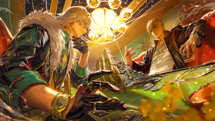 2boys aqua_shirt aventurine_(honkai:_star_rail) black_gloves black_jacket blonde_hair blue_eyes ceiling_light cleavage_cutout clothing_cutout collared_shirt commentary_request cup drinking_glass egawa_akira eye_contact fate/stay_night fate/unlimited_blade_works fate_(series) fur-trimmed_jacket fur_trim gilgamesh_(fate) gilgamesh_(immoral_biker_jacket)_(fate) gloves gold_ring half_gloves head_rest highres holding holding_cup honkai:_star_rail honkai_(series) jacket jewelry looking_at_another male_focus multiple_boys multiple_rings official_alternate_costume open_clothes open_jacket poker poker_table red_eyes ring shirt sitting sleeves_rolled_up smirk table watch white_shirt wine_glass wristwatch