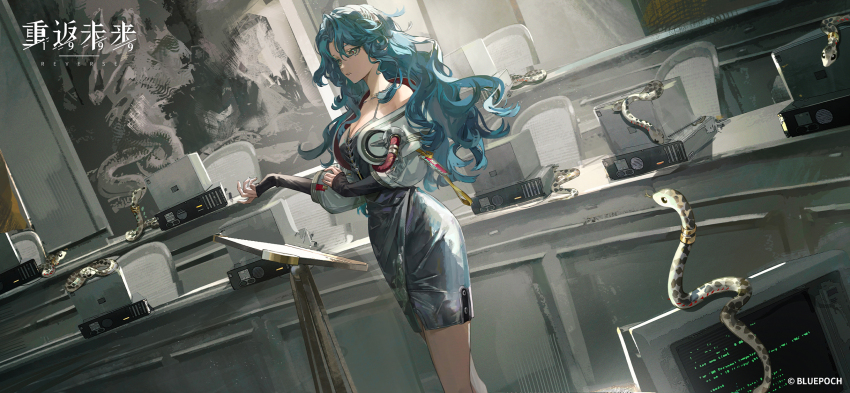 1girl bare_shoulders blue_hair chair copyright_name copyright_notice cowboy_shot dress dutch_angle green_eyes hand_up highres hissabeth indoors jacket logo long_hair monitor official_art official_wallpaper painting_(object) pencil_dress reverse:1999 short_dress silver_dress sleeves_past_wrists slit_pupils snake solo standing white_jacket