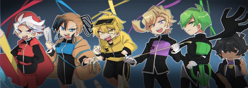 1girl 5boys ahoge animal_collar bell beret black_dress black_eyes black_hair black_jacket black_pants black_shirt black_shorts blonde_hair blue_background blue_dress blue_eyes bright_pupils brown_coat brown_hair buckler cape closed_mouth coat collar collared_jacket colored_pencils_(paper_mario) cowboy_shot crazy_eyes dark-skinned_male dark_skin disembodied_hand dot_morita dress earrings expressionless from_behind furrowed_brow gakuran gloves goggles goggles_on_head gradient_background gradient_hair green_eyes green_hair green_jacket hair_between_eyes hair_bun hair_rings hand_in_pocket handaconda hands_in_pockets hat high_collar highres holding holding_paper hole_punch_(paper_mario) jacket jewelry jitome layered_sleeves leaning_forward long_sleeves looking_at_viewer looking_back mario_(series) multicolored_eyes multicolored_hair multicolored_jacket multiple_boys neck_bell nintendo object_and_personification open_clothes open_coat open_jacket open_mouth outline oversized_object pants paper paper_mario paper_mario:_the_origami_king pelvic_curtain pointy_nose pompadour puffy_long_sleeves puffy_sleeves purple_collar purple_jacket red_cape red_eyes red_hat red_jacket red_pants rubber_band rubber_band_(paper_mario) school_uniform scissors_(paper_mario) shield shirt short_hair shorts single_hair_bun smile smirk stapler_(paper_mario) streaked_hair streamers swept_bangs tape tape_(paper_mario) teeth tsurime two-tone_dress two-tone_eyes two-tone_jacket updo upper_teeth_only v v-shaped_eyebrows white_gloves white_hair white_outline white_pupils yellow-framed_eyewear yellow_eyes yellow_jacket