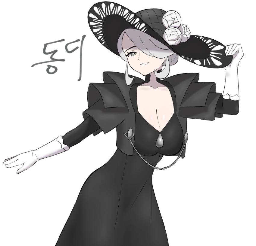 1girl absurdres black_dress black_hat breasts cleavage cogita_(pokemon) collarbone commentary_request doutei_(thns7553) dress eyelashes flower gloves grey_eyes grey_hair grin hair_bun hair_over_one_eye hand_on_headwear hand_up hat hat_flower highres mature_female nintendo pokemon pokemon_legends:_arceus short_hair simple_background smile solo sun_hat teeth white_background white_flower white_gloves