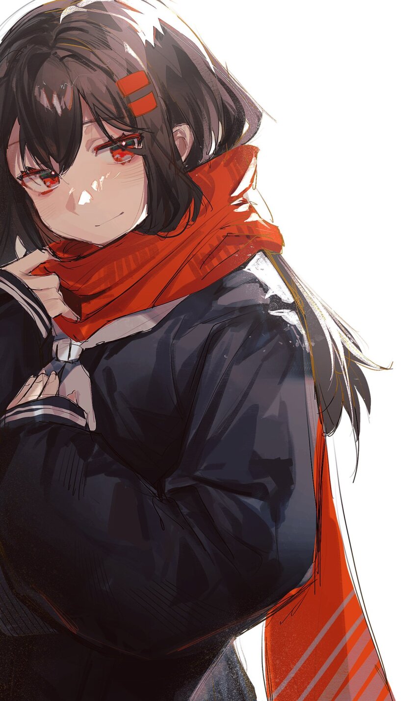 1girl black_shirt brown_hair clothes_grab enpera hair_ornament hairclip hand_on_own_chest hashtag-only_commentary highres holding holding_unworn_clothes holding_unworn_scarf kagerou_project kurotero looking_at_viewer neckerchief neckwear_grab red_eyes red_scarf sailor_collar scarf scarf_grab shirt smile tateyama_ayano unworn_scarf upper_body white_background white_neckerchief