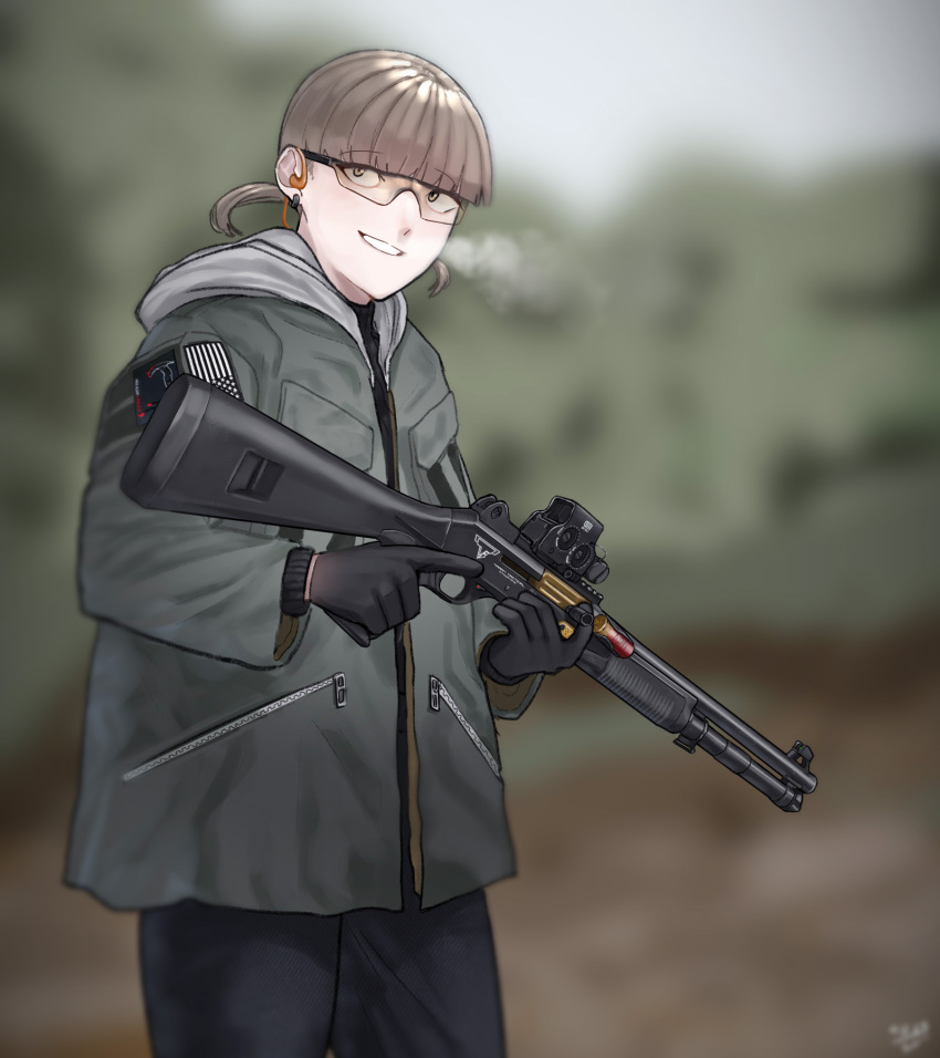 1girl american_flag artist_name benelli_m4_super_90 blurry blurry_background breath brown_hair ear_defenders earrings eotech gloves gun highres holding holding_weapon hood hood_down jacket jewelry original pants patch shotgun shotgun_shell signature smile teeth the_zombie5555 trigger_discipline twintails weapon zipper