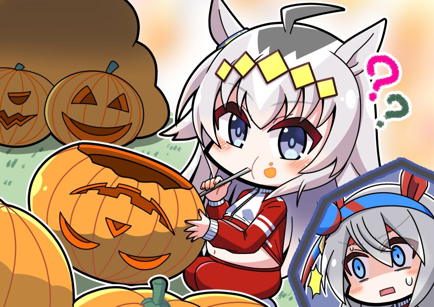 2girls absurdres ahoge animal_ears big_belly blue_eyes blue_hairband blush chibi chibi_only closed_mouth drinking drinking_straw drinking_straw_in_mouth ear_covers ear_ornament food food_on_face glutton grey_hair hair_between_eyes hair_ornament hairband headband highres horse_ears horse_girl jack-o&#039;-lantern jacket long_hair long_sleeves midriff multicolored_hair multiple_girls navel nawaneko_(ropecat3978) oguri_cap_(umamusume) open_mouth pants pumpkin red_headband red_jacket red_pants red_track_suit stomach striped_clothes striped_hairband sweatdrop tamamo_cross_(umamusume) tracen_training_uniform track_jacket track_pants track_suit umamusume very_long_hair