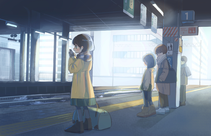 2boys 2girls absurdres bag black_hair bloom boots breathing_on_hands bright_pupils building gloves green_eyes highres jacket leggings multiple_boys multiple_girls open_mouth original pandamaaaan pants railroad_tracks scarf skirt slice_of_life standing tactile_paving train_station_platform warming_hands white_pupils winter winter_clothes