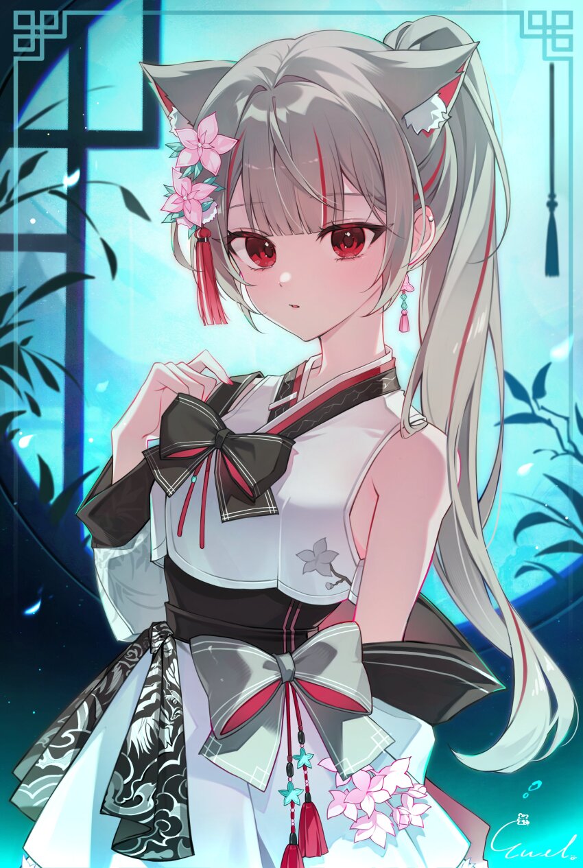 1girl absurdres animal_ear_fluff animal_ears artist_name bare_shoulders black_bow blunt_bangs bow breasts colored_inner_animal_ears detached_sleeves dress dress_bow earrings flower grey_bow grey_hair hair_flower hair_ornament hand_up highres inset_border jewelry korean_clothes light_blush light_particles long_hair looking_at_viewer moonlight multicolored_hair nail_polish neneko_mashiro pink_flower pink_nails ponytail print_dress red_eyes red_streaks round_window single_earring sleeveless sleeveless_dress small_breasts solo standing stellive streaked_hair tassel tassel_earrings tassel_hair_ornament very_long_hair virtual_youtuber white_dress window yuel_1011