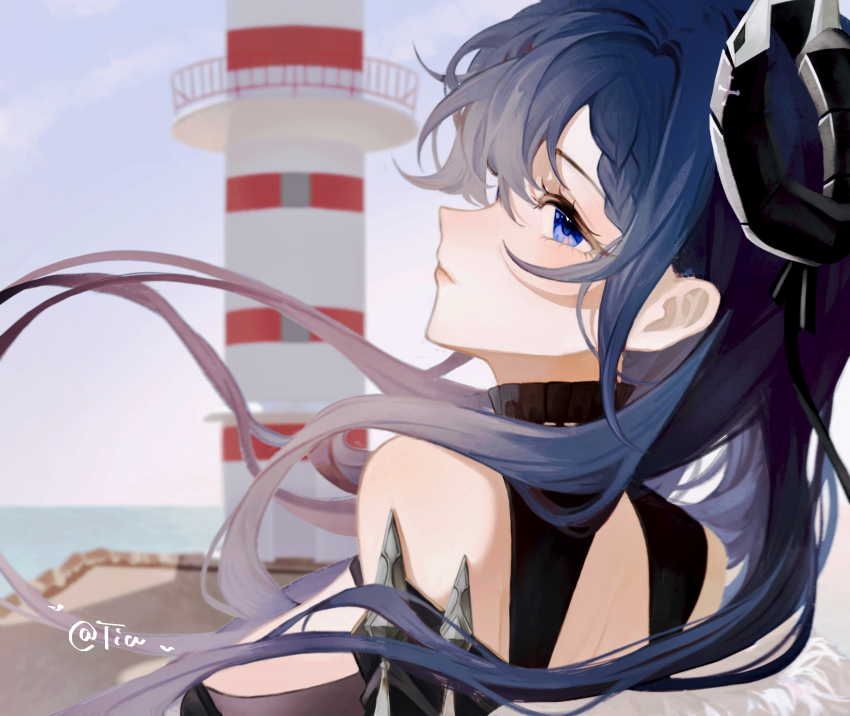 1girl artist_name august_von_parseval_(azur_lane) azur_lane bare_shoulders black_horns breasts day from_behind highres horns large_breasts lighthouse long_hair looking_at_viewer looking_back outdoors purple_eyes purple_hair solo tiatan upper_body water