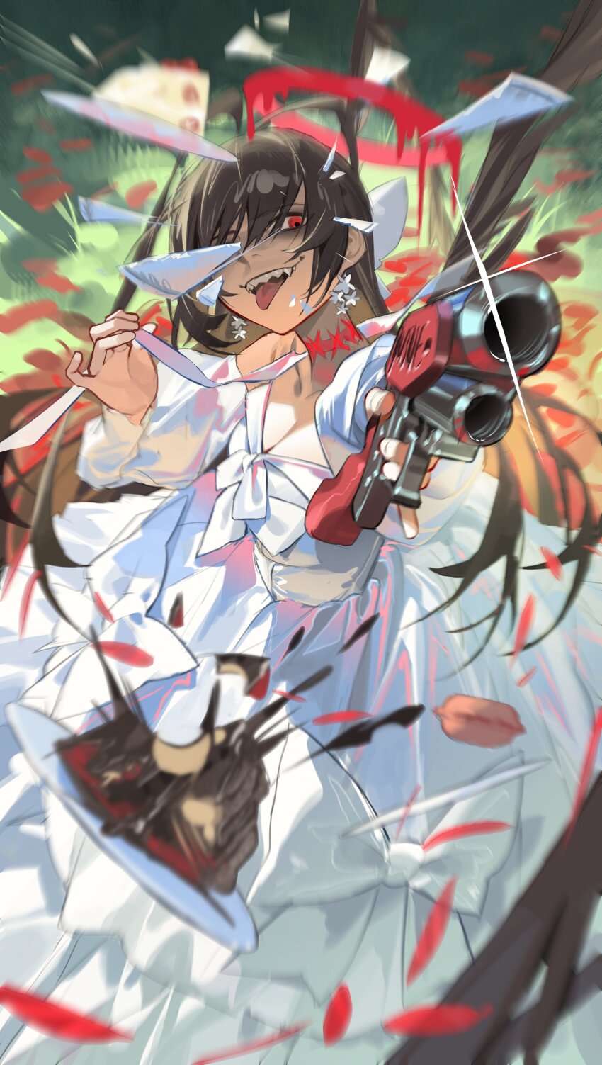 1girl absurdres black_hair blood blood_halo blue_archive breasts choker cleavage dress food foreshortening gun halo highres holding holding_gun holding_weapon large_breasts lever_action liquid_halo long_hair macaron melting_halo omurice_(304975636) red_choker red_eyes red_halo shotgun tsurugi_(blue_archive) tsurugi_(dress)_(blue_archive) very_long_hair weapon wedding_dress white_dress winchester_model_1887