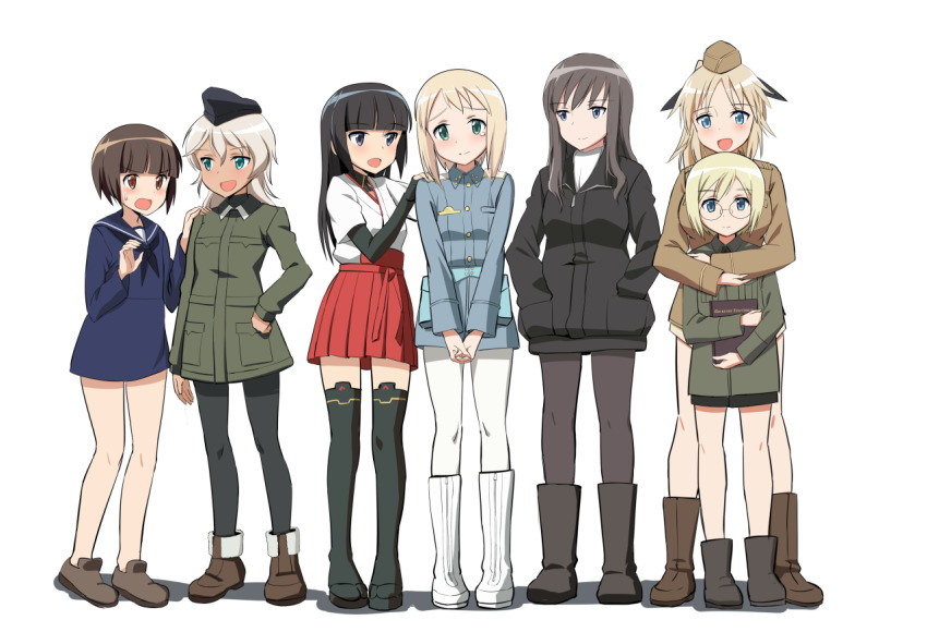 507th_joint_fighter_wing 6+girls anabuki_tomoko black_eyes black_footwear black_hair black_headwear black_jacket black_legwear black_neckerchief black_ribbon black_shirt blonde_hair blouse blue_eyes blue_jacket blue_sailor_collar blue_shirt blunt_bangs blush bob_cut book boots brown_eyes brown_footwear brown_hair brown_headwear brown_jacket closed_mouth commentary_request elizabeth_f._beurling elma_leivonen frown garrison_cap giuseppina_ciuinni glasses green_eyes green_jacket hair_ribbon hakama hakama_short_skirt hakama_skirt hand_on_own_hip hands_in_pockets hands_on_another&#039;s_shoulders hat holding holding_book hug hug_from_behind interlocked_fingers jacket japanese_clothes kaneko_(novram58) katharine_o&#039;hare layered_sleeves light_smile long_hair long_sleeves looking_at_viewer medium_hair military military_hat military_uniform miniskirt multiple_girls neckerchief no_pants no_socks open_mouth own_hands_together pantyhose red_skirt ribbon round_eyewear sailor_collar sakomizu_haruka sandals shadow shirt shoes short_hair short_over_long_sleeves short_sleeves silver_hair simple_background skirt smile standing straight_hair strike_witches:_suomus_misfits_squadron sweatdrop tan tearing_up thighhighs ursula_hartmann v_arms white_background white_footwear white_legwear white_shirt world_witches_series zipper