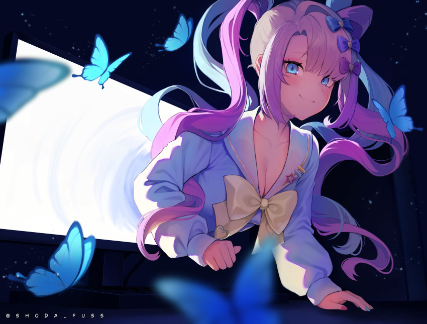 1girl absurdres artist_name blonde_hair blue_bow blue_butterfly blue_eyes blue_serafuku blunt_bangs blush bow breasts bug butterfly chouzetsusaikawa_tenshi-chan cleavage hair_between_eyes hair_bow hair_ornament heart heart_hair_ornament highres insect long_hair looking_at_viewer makeup monitor multicolored_hair multicolored_nails multiple_hair_bows needy_girl_overdose pin pink_bow purple_bow quad_tails school_uniform serafuku shirt shoda_puss signature smile solo yellow_bow