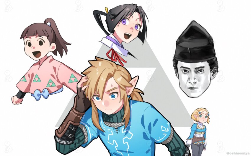 1girl 4boys black_eyes black_hair blonde_hair blue_eyes bow brown_hair champion&#039;s_tunic_(zelda) clenched_hand confused greyscale hand_in_own_hair high_ponytail highres houjou_tokiyuki_(nige_jouzu_no_wakagimi) houjou_yasutoki_(kamakura-dono_no_13-nin) japanese_clothes kamakura-dono_no_13-nin link monochrome multiple_boys nige_jouzu_no_wakagimi nintendo open_mouth oshinomiya pink_shirt ponytail princess_zelda purple_eyes rakudai_ninja_rantarou shirt simple_background the_legend_of_zelda the_legend_of_zelda:_tears_of_the_kingdom topknot trait_connection triforce tunic upper_body white_background yumesaki_sanjirou