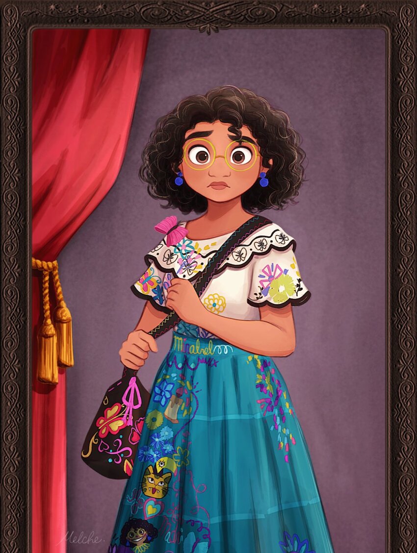 1girl brown_eyes brown_hair curly_hair dark-skinned_female dark-skinned_male dark_skin dress earrings embroidery encanto glasses green-framed_eyewear highres jewelry melchencanto mirabel_madrigal round_eyewear shirt short_hair simple_background skirt solo thick_eyebrows