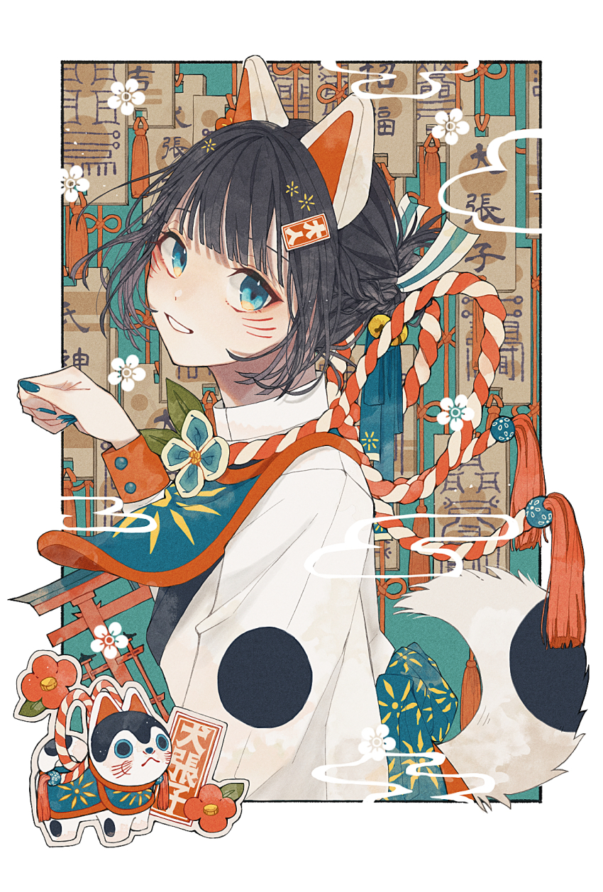 1girl animal_ears black_border black_hair blue_nails blunt_bangs border buttons commentary_request dog_ears dog_tail fake_animal_ears flower green_eyes green_nails hair_ornament highres inu-hariko long_sleeves looking_at_viewer nail_polish original outside_border shira_mame93 shirt shrine smile solo tail tassel torii upper_body white_shirt
