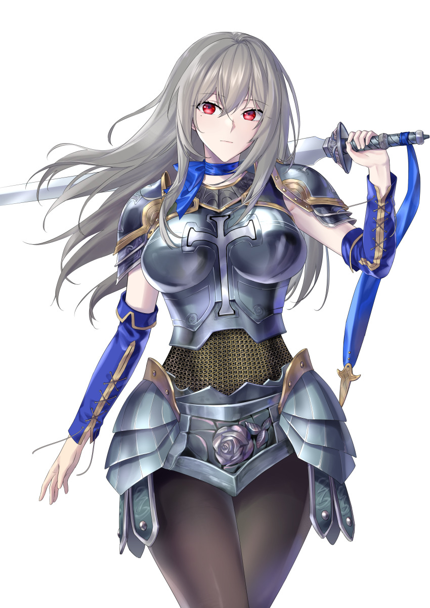1girl absurdres armor azur_lane black_pantyhose breastplate breasts chainmail commentary commission cosplay detached_sleeves english_commentary grey_hair highres holding holding_sword holding_weapon large_breasts long_hair looking_at_viewer over_shoulder pantyhose pixiv_commission red_eyes saint-louis_(azur_lane) simple_background solo standing suprii sword sword_over_shoulder weapon weapon_over_shoulder white_background