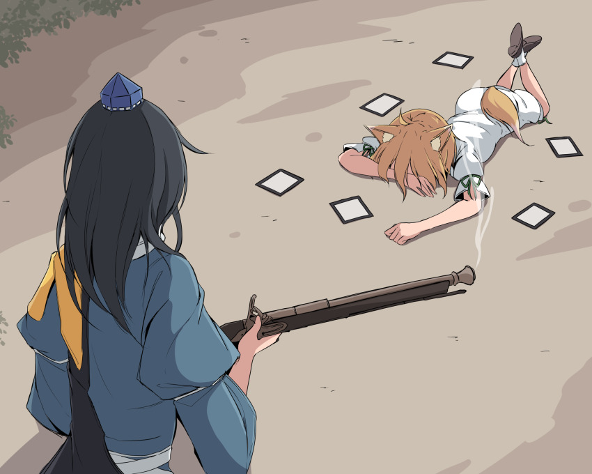 2girls animal_ears bag black_hair blue_dress blue_hat brown_hair brown_shoes commentary dress fox_ears fox_girl fox_tail from_behind gongitsune_(niimi_nankichi) green_ribbon gun hat highres iizunamaru_megumu implied_death kudamaki_tsukasa long_hair long_sleeves multiple_girls outdoors ribbon romper shoes short_hair siw0n sleeve_ribbon smoke smoking_barrel socks tail tokin_hat touhou weapon white_romper white_socks