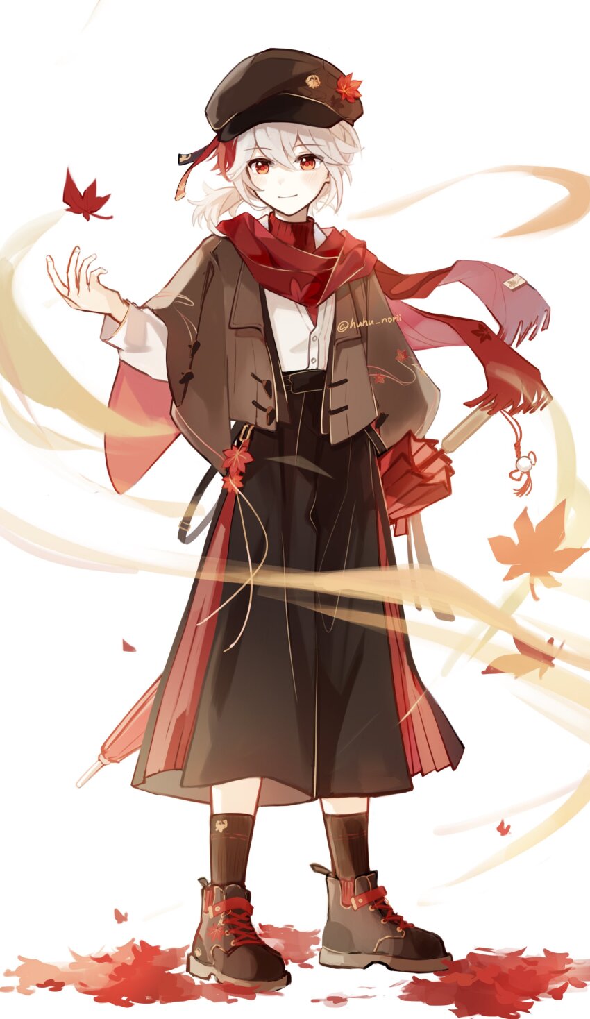 1boy absurdres artist_name black_pants black_ribbon black_shoes black_socks blush brown_hat brown_jacket closed_mouth closed_umbrella collared_shirt crossed_bangs genshin_impact hair_between_eyes hakama hakama_pants hand_up hat hat_ornament highres huhu_norii jacket japanese_clothes kaedehara_kazuha leaf leaf_hat_ornament leaf_print long_sleeves looking_at_viewer low_ponytail male_focus maple_leaf maple_leaf_print medium_hair multicolored_hair newsboy_cap official_alternate_costume oil-paper_umbrella pants pom_pom_(clothes) ponytail print_scarf red_eyes red_hair red_ribbon red_scarf red_umbrella ribbon scarf shirt shoes sidelocks simple_background smile socks solo standing streaked_hair tassel turtleneck twitter_username umbrella white_background white_hair white_shirt wind