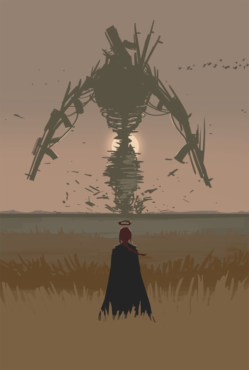 1girl 1other bird black_coat braid chainsaw_man coat field flock from_behind gun gun_devil_(chainsaw_man) halo highres long_hair makima_(chainsaw_man) red_hair sidelocks silhouette sketch sun sunset vapery weapon