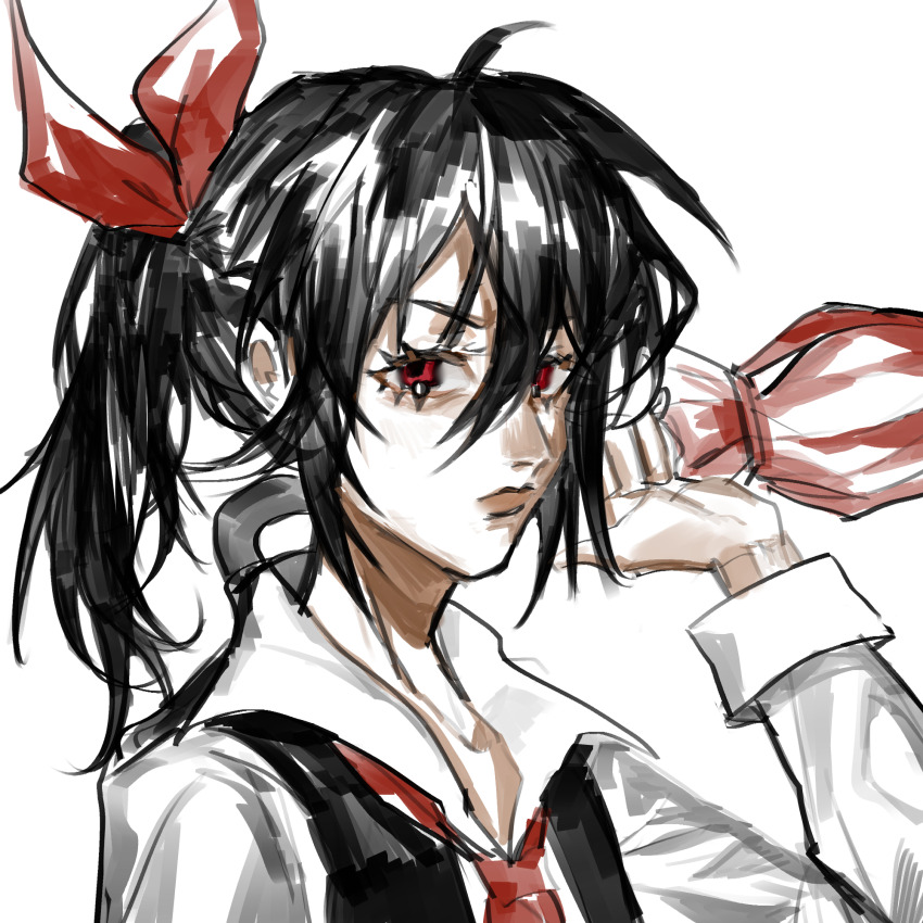 1girl ahoge ascot black_hair bow closed_mouth closed_umbrella collared_shirt commentary cookie_(touhou) frown hair_between_eyes hair_bow heinrich_(fernanderuddle) high_ponytail highres holding holding_umbrella lips long_bangs long_sleeves looking_at_viewer medium_hair ponytail red_ascot red_bow red_eyes red_umbrella shirt simple_background siyudi_(cookie) solo umbrella upper_body white_background white_shirt