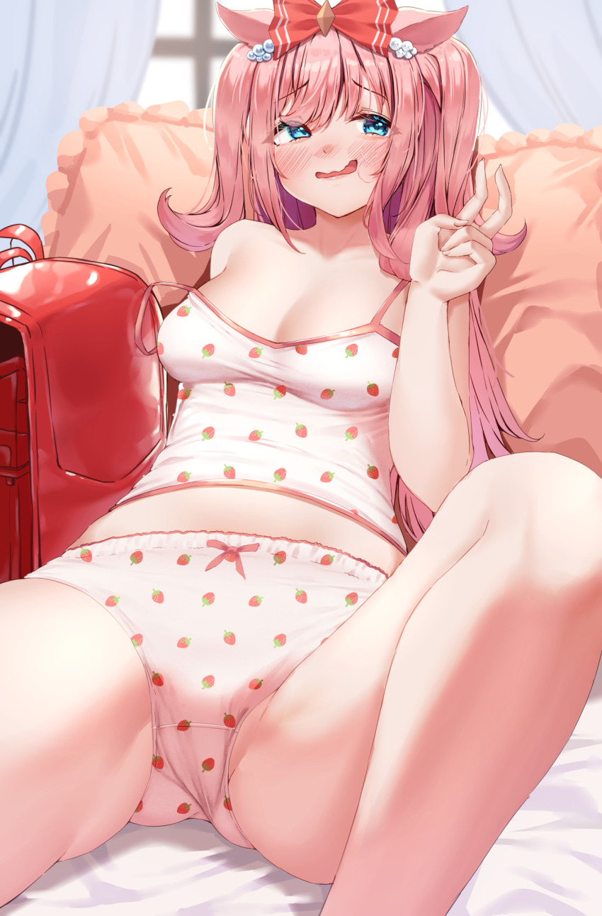 1girl agnes_digital_(umamusume) alternate_costume animal_ears backpack bag bed blue_eyes blush breasts cleavage collarbone commentary_request curtains heisei_retro highres horse_ears horse_girl horse_tail jojifuku open_mouth panties pink_hair randoseru small_breasts solo spread_legs tabunshake tail umamusume underwear