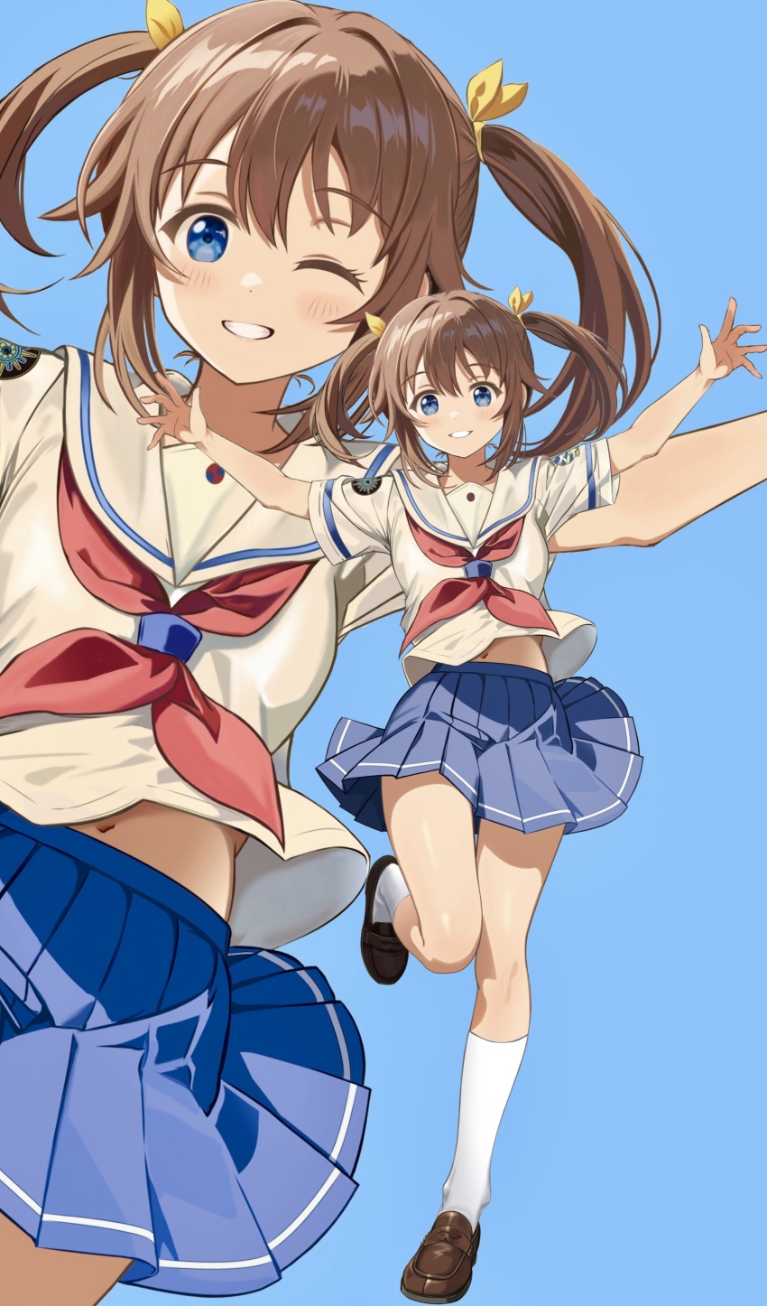 1girl absurdres blue_eyes brown_hair hair_ribbon high_school_fleet highres loafers misaki_akeno multiple_views navel neckerchief one_eye_closed outstretched_arms pleated_skirt ribbon school_uniform serafuku shoes short_sleeves skirt smile socks spread_arms standing standing_on_one_leg white_socks yokosuka_girls_marine_high_school_uniform zaofeng
