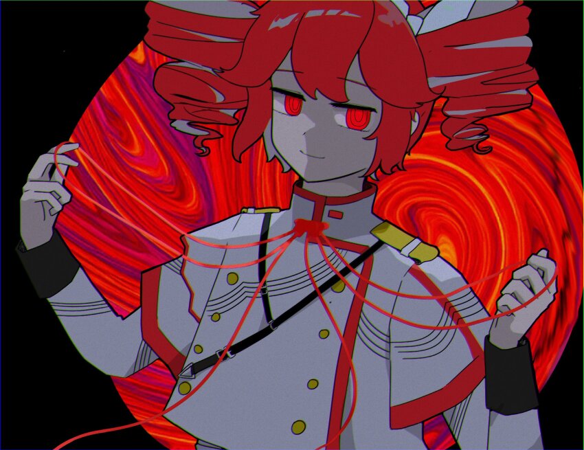 1girl buttons closed_mouth double-breasted drill_hair hair_ribbon highres kasane_teto kasane_teto_(sv) koruhiraystt layered_shirt light_smile long_sleeves looking_at_viewer mosu_(synthesizer_v) red_eyes red_hair ribbon short_hair solo twin_drills vocaloid white_ribbon