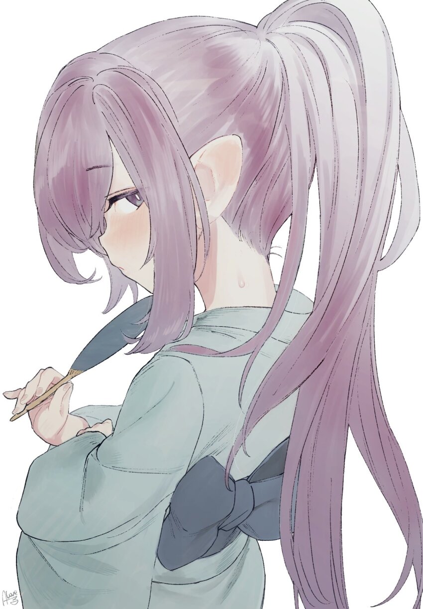 1girl blush bow closed_mouth from_behind granblue_fantasy green_kimono hand_fan harvin highres holding holding_fan japanese_clothes kimono long_hair long_sleeves looking_at_viewer niyon_(granblue_fantasy) obi paper_fan pointy_ears ponytail purple_eyes purple_hair rkrk sash sidelocks signature simple_background smile solo sweat uchiwa white_background yukata