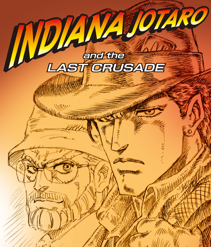 2boys absurdres beard character_name closed_mouth commentary_request cowboy_hat earrings english_text expressionless facial_hair glasses grandfather_and_grandson hat highres indiana_jones_(series) indiana_jones_and_the_last_crusade jewelry jojo_no_kimyou_na_bouken joseph_joestar joseph_joestar_(old) kuujou_joutarou light_smile looking_ahead looking_at_viewer mad_sharpen male_focus monochrome multiple_boys old old_man parody portrait sepia single_earring smile stardust_crusaders stud_earrings title_parody