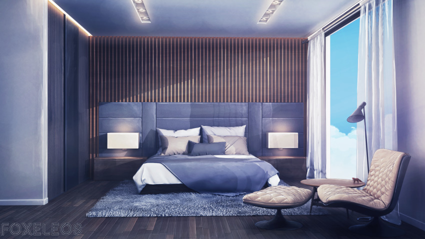 3d artist_name bed bedroom blanket blender_(medium) ceiling ceiling_light chair cloud commentary curtains day english_commentary floor fox foxeleos highres indoors lamp lounge_chair miniature muted_color nightstand no_humans original photoshop_(medium) pillow purple_theme roomscape round_table rug scenery stool table wall wall_lamp watermark white_curtains window wooden_floor