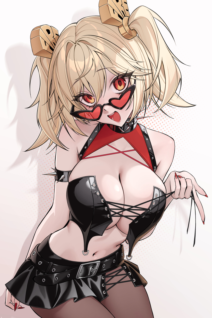 1girl absurdres alternate_costume armlet black_corset black_pantyhose black_skirt blonde_hair breasts burnice_white cleavage commentary corset hair_ornament heart heart-shaped_eyewear highres jewelry large_breasts miniskirt mionk42 navel open_mouth pantyhose red_eyes red_nails short_hair simple_background skirt solo spiked_armlet stomach sunglasses teeth twintails upper_teeth_only white_background zenless_zone_zero
