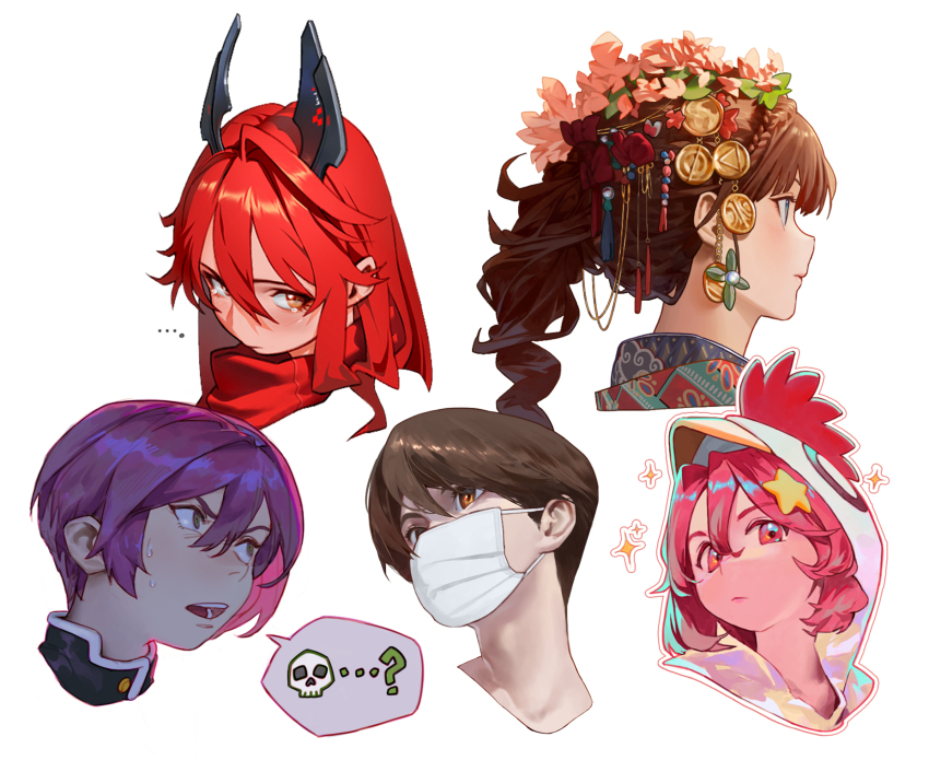 2boys 3girls brown_eyes brown_hair chicken_hood closed_mouth commentary copyright_request cropped_head flower hair_flower hair_ornament hashtag-only_commentary highres long_hair mask mouth_mask multiple_boys multiple_girls outline purple_hair red_eyes red_hair red_scarf scarf short_hair sowasi sparkle spoken_skull star_(symbol) star_hair_ornament tearing_up turning_head white_outline