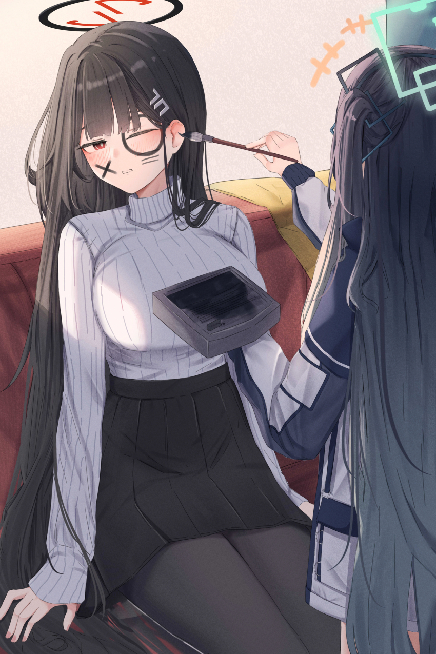 +++ 2girls absurdly_long_hair absurdres aris_(blue_archive) black_hair black_pantyhose black_skirt blue_archive blush breasts calligraphy_brush green_halo hair_ornament hairpin halo highres holding holding_brush large_breasts leonardo_566 long_hair long_sleeves multiple_girls one_eye_closed one_side_up open_mouth paintbrush pantyhose pleated_skirt red_eyes ribbed_sweater rio_(blue_archive) skirt sweater turtleneck turtleneck_sweater very_long_hair white_sweater