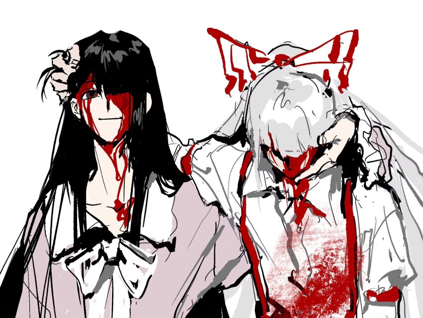 2girls black_hair blood blood_on_clothes blood_on_face blunt_bangs bow brown_eyes collared_dress collared_shirt dress fujiwara_no_mokou grabbing_another&#039;s_hair hair_between_eyes hair_bow hair_over_one_eye hand_on_another&#039;s_face highres holding_another&#039;s_hair houraisan_kaguya long_hair long_sleeves looking_down multiple_girls pink_dress poxiao354 shirt suspenders touhou very_long_hair white_bow white_hair white_shirt