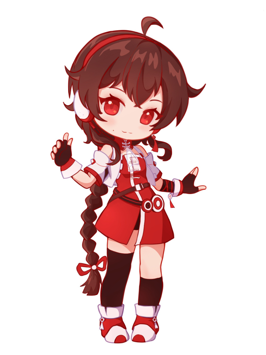asymmetrical_legwear bare_shoulders belt bike_shorts black_gloves black_hair black_socks black_thighhighs boots braid brown_belt brown_hair chibi closed_mouth dress fingerless_gloves gloves headphones headset highres long_hair mole multicolored_boots open_clothes open_vest pointzhu red_boots red_dress red_eyes red_headset single_braid socks solo tachi-e thighhighs very_long_hair vest vocaloid vsinger_(vocaloid) warm_colored white_background white_vest yuezheng_ling yuezheng_ling_v3